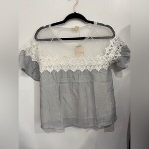 Hem & Thread White Lace Yoke Striped Blouse